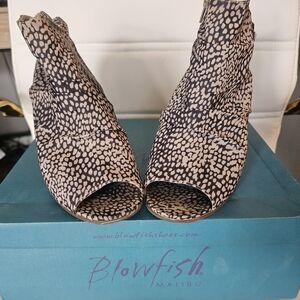 Blowfish Beige and Black Peep Toe Mules